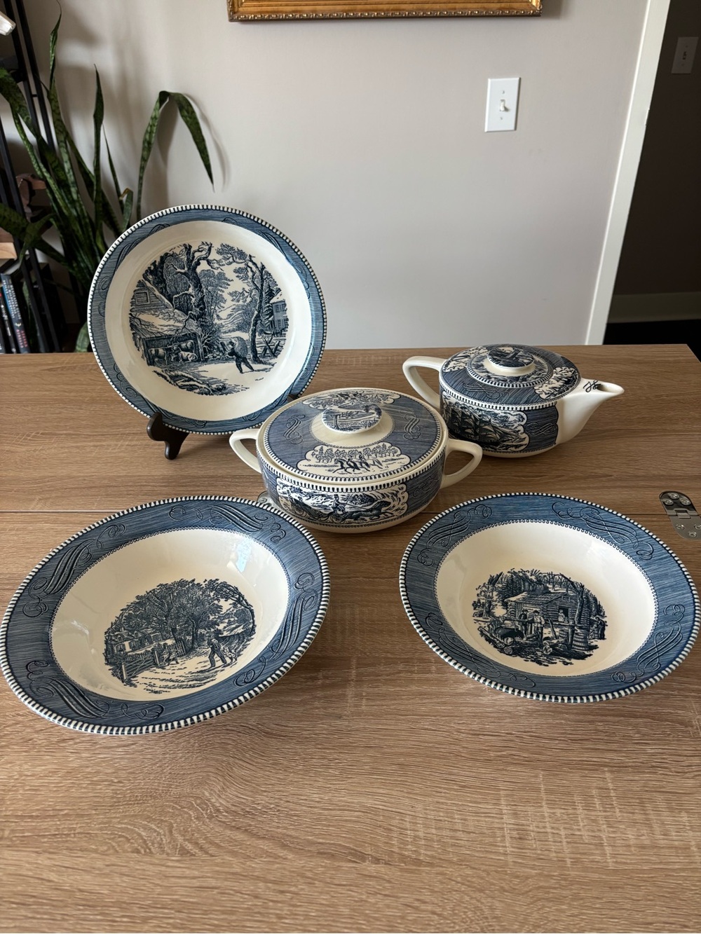 Vintage Currier & Ives Royal China Blue Transferware 5 Pc Set